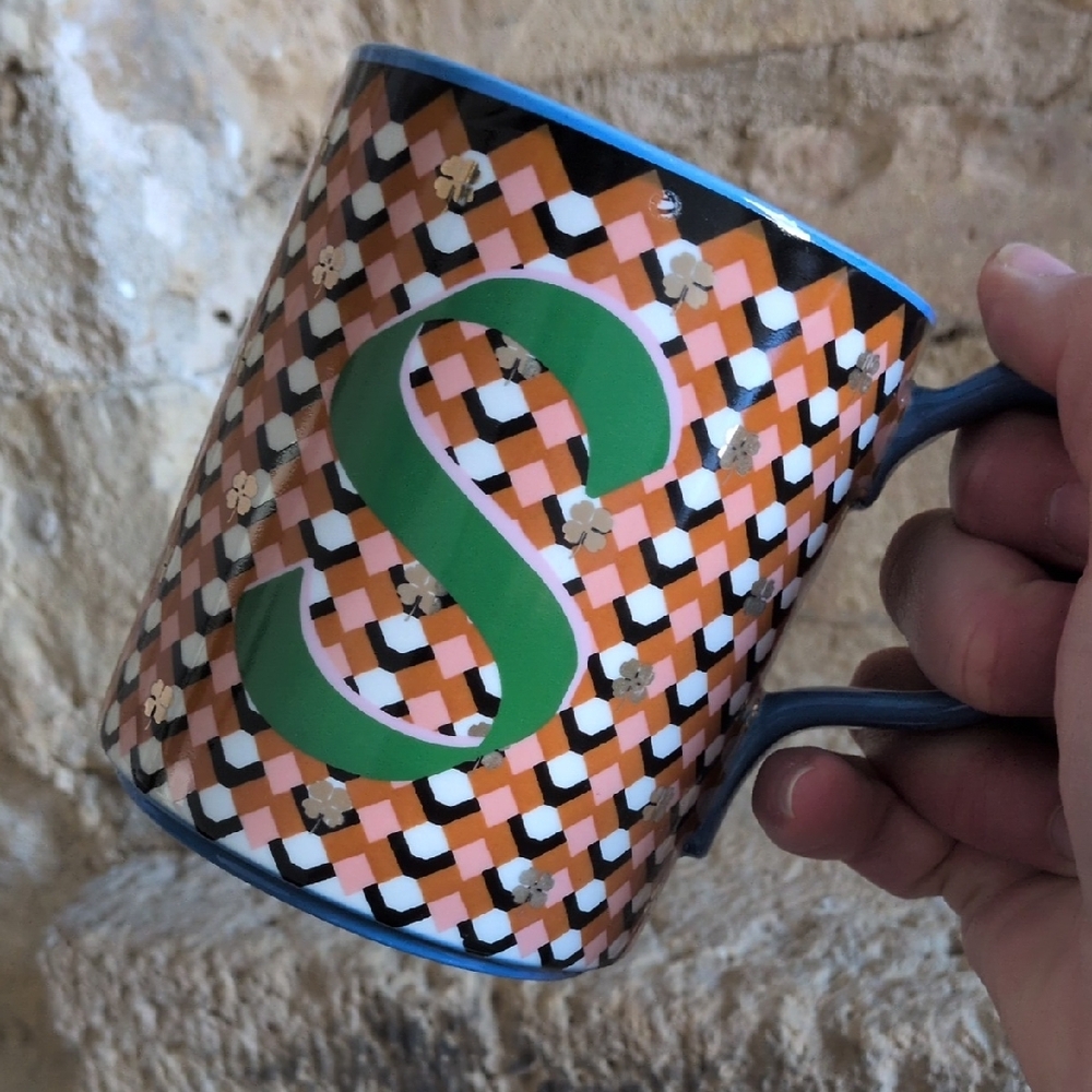 ANTHROPOLOGIE I Parker Stoneware Geometric Patterned Green S Monogram Mug